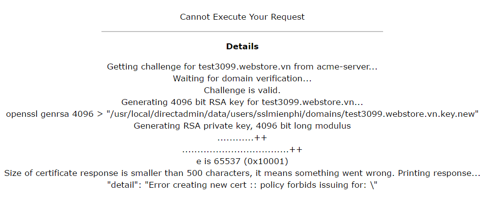 Nguyên nhân và cách khắc phục lỗi ''Cannot Execute Your Request'' khi cài Free & automatic certificate from Let's Encrypt